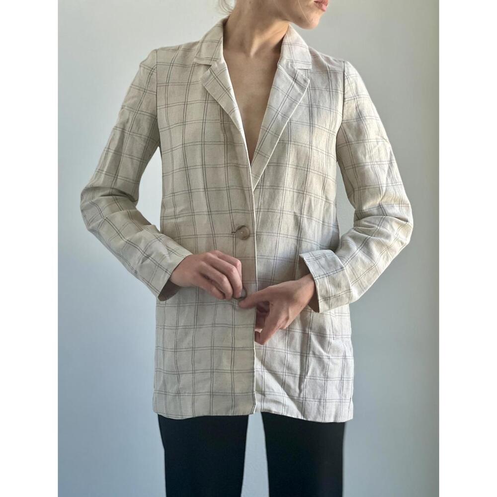 Stylish Plaid Linen Blazer - Windowpane Design - XXS size